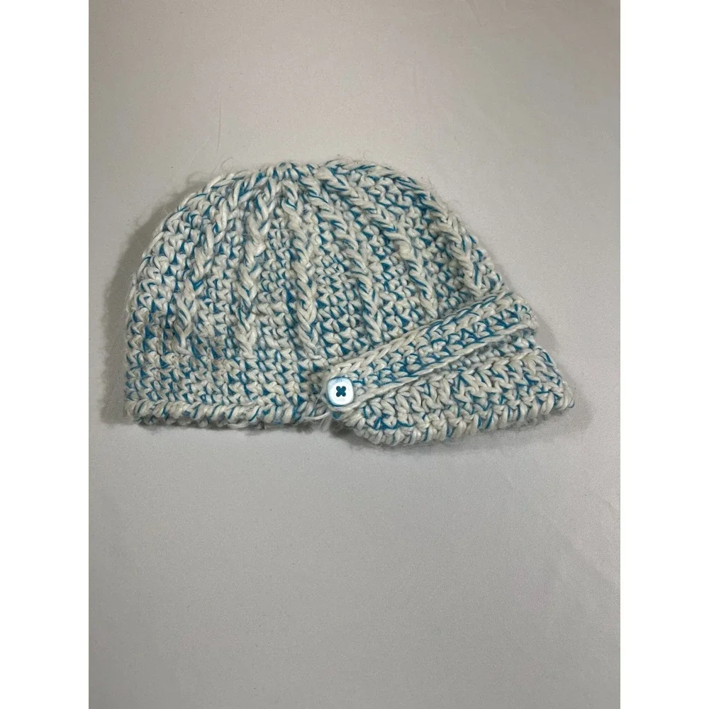 Pistil Blue White Chunky Knit Beanie Hat Button Brim Boho Winter Aesthetic